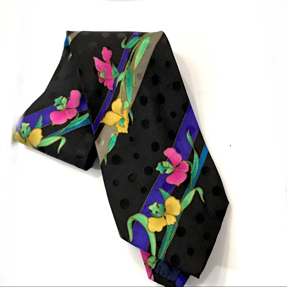 ALLEN 100% Silk Bright Print on Black Floral Tie